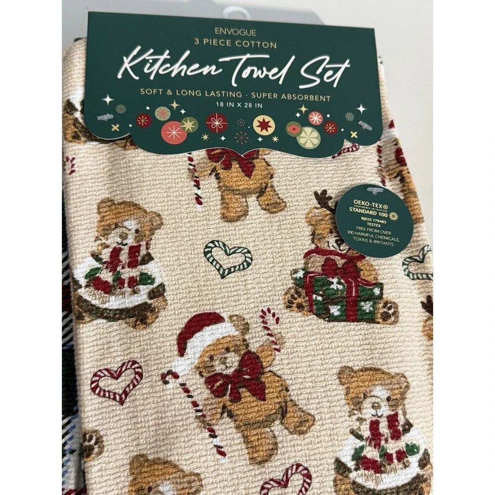 Envogue Christmas Teddy Bears Dish Kitchen Towels 100% Cotton Set of 3